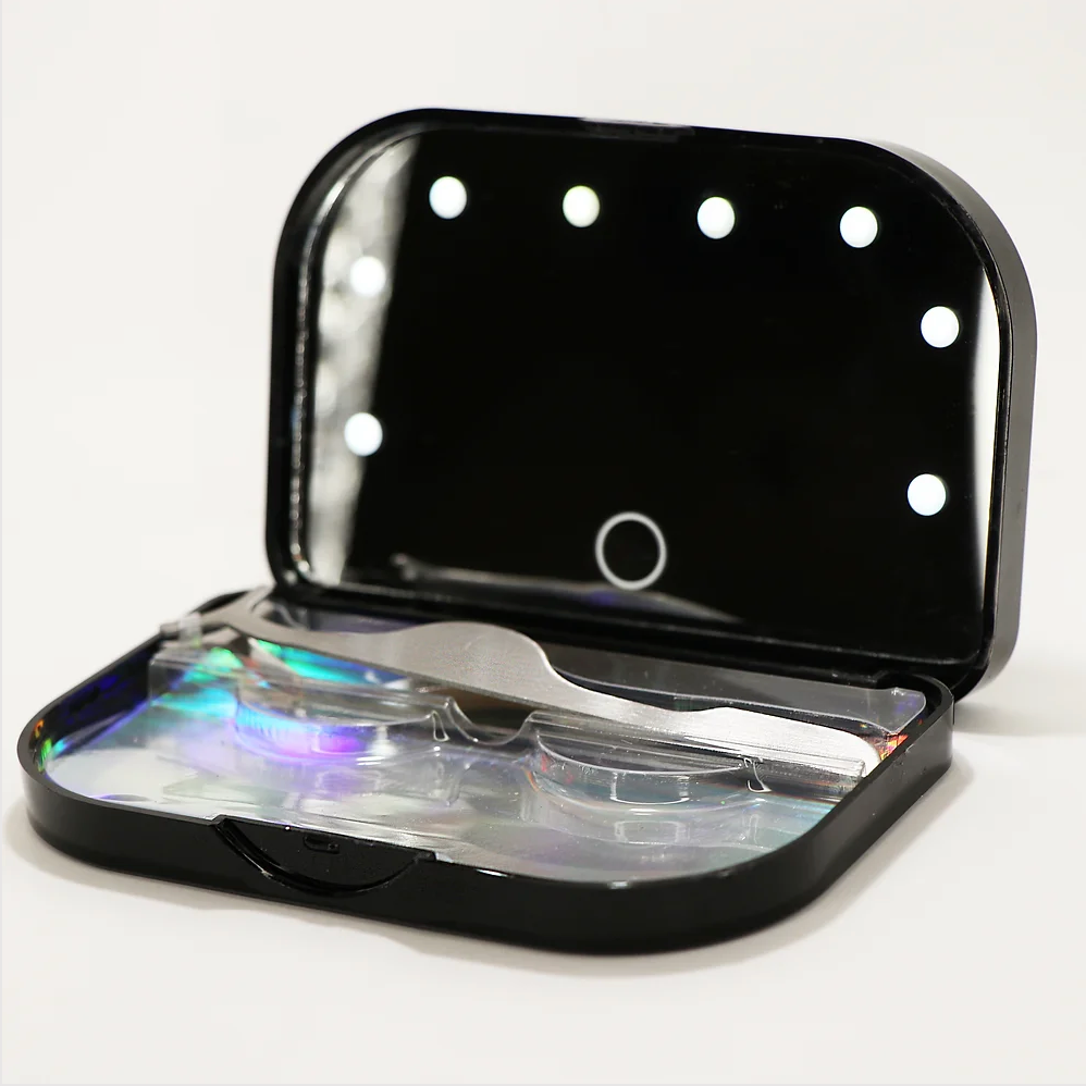 MEZI Cosmetics LED Travel Mirrors with Lash Storage and Tweezers - Perfect for On-the-Go Beauty 120-140 Hour Battery Life